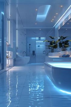 a large bathroom with blue lighting on the walls and floor, along with an oval shaped bathtub