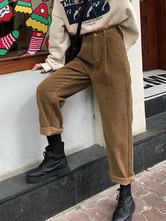 Dyke Fashion, Corduroy Cargo Pants, 00s Mode, Pants Elastic Waist, Korean Casual, 90s Streetwear, Fleece Pants, Casual Trousers