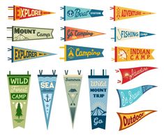 an assortment of pennants with the names of different camping destinations and locations on them