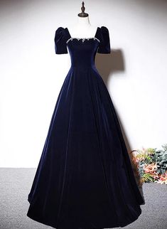 Navy Blue A-line Velvet Long Evening Dress Short Blue Velvet Ball Gown, Velvet Ball Gown For Wedding, Elegant Velvet Ball Gown Evening Dress, Velvet Evening Gown For Prom Season, Elegant Velvet Evening Dress With Sweep Train, Velvet Evening Dress With Sweep Train, Velvet Floor-length Evening Gown, Velvet Prom Gown For Prom Season, Prom Season Velvet Gown