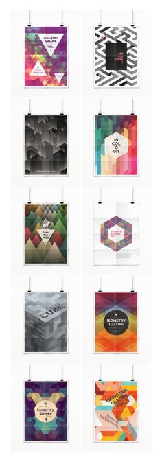 a series of posters with different colors and shapes on the front, back and sides