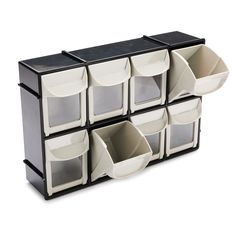 a black and white storage unit with multiple bins on it's front side