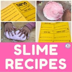 four different pictures with the words slime recipes in pink, yellow and white text