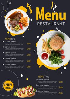 a menu for a restaurant with two plates of food and fries on the side,