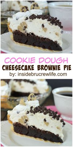 two pictures of a slice of cookie dough cheesecake brownie pie on a plate