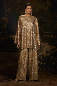 Buy Designer Gold Kurta & Pant Set online for Women from Diffuse by Manish Malhotra. MM-PR-SKS-60907-PL_C Peplum Top Outfits, Kurta Pant Set, Pakistani Fashion Casual, Hijab Styles, Manish Malhotra, Ethnic Looks, Dream Dresses, Bridal Dress Design