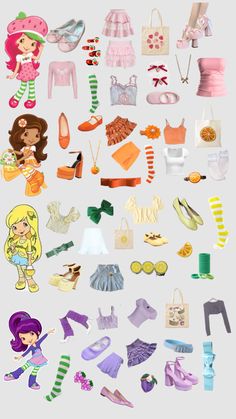 an assortment of doll clothes and accessories are shown in this image, including shoes, skirts, bras, stockings, hats, and more