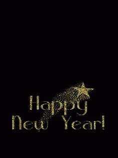 a happy new year greeting card with gold stars and sparkles on a black background