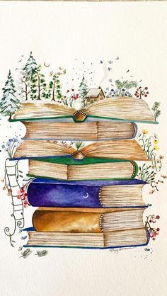 a watercolor painting of books stacked on top of each other with trees in the background