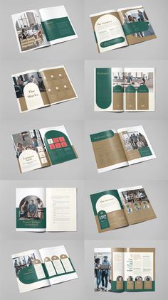 an open brochure with green and white pages