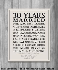 a poster with the words 30 years married on it and an image of a wooden background