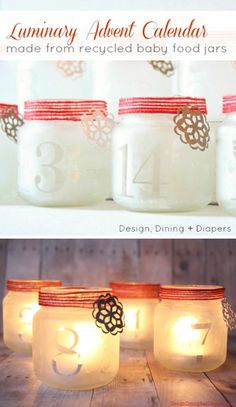 four mason jars filled with candles and decorated with laces, ribbons and numbers on them