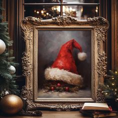 an oil painting of a santa hat on display