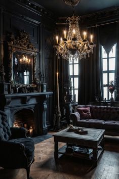 a living room filled with furniture and a chandelier hanging from the ceiling next to a fire place