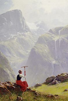 a painting of a woman sitting on top of a mountain