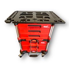 a red toolbox with tools on it's back and two wheels attached to the top