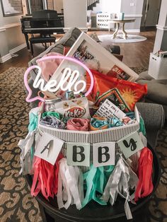 a basket filled with assorted items sitting on top of a table