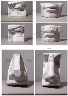 four different views of a face made out of white paper with multiple angles to show how it looks like