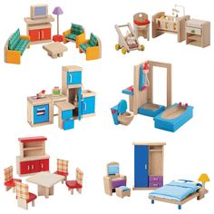 a bunch of toys that are in the shape of beds and desks for children