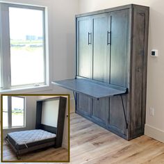 an empty room with a dog bed in the corner and a large cabinet next to it