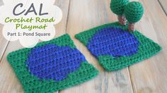 two crocheted potholders with a small tree on top of them, one is green and the other is blue