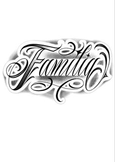 a black and white drawing of the word family in cursive writing on paper