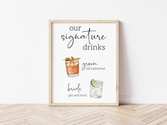 a framed poster with the words our signature drinks on it and two glasses filled with ice