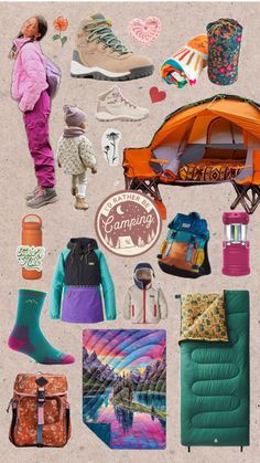 a collage of various items including an orange tent, backpack and snow boots with the words camping written on it