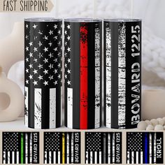 the american flag is painted on this tumbler cup and it says fast shipping, firefighter