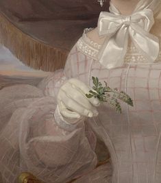 a painting of a woman wearing a white dress and holding a flower in her left hand