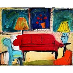 a painting of a red couch and two lamps