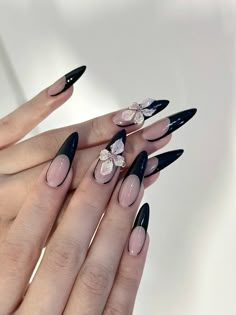 long stiletto nails 3d flowers nail inspiration inspo black french tip simple long nails white floral flower siren nails Black Nails Stilleto, Black And Flower Nails, Black 3d Nail Art, Black French Tip Nails With Flower, Black French Tip Nails With 3d Flowers, Black Floral Nails Simple, Black Nail Designs Stiletto, Nails For Black Prom Dress, Black Flowers Nails