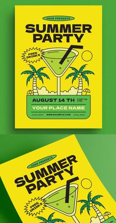 a flyer for a summer party with an image of a cocktail glass and palm trees