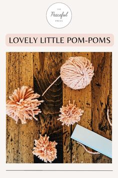 the cover of lovely little pom - poms, with yarn and flowers on it