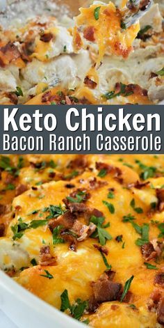 keto chicken bacon ranch casserole in a white dish with text overlay