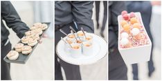 there are three pictures of different pastries on the trays and one is holding cupcakes