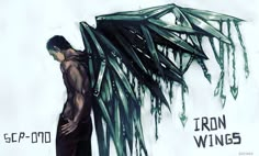 a drawing of a man standing next to a palm tree with the words iron wings on it