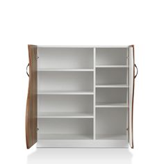 an empty white bookcase with wooden handles