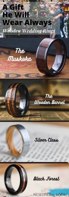 four different types of wedding rings on top of each other, with the names of them