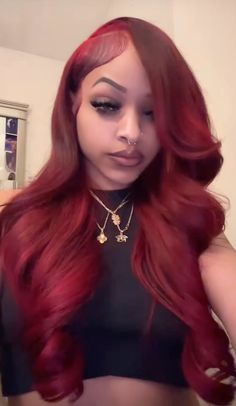 Burgundy Hair Middle Part, Cherry Red Lace Front Wig, Red Hair Black Women Outfit, Red Wig For Black Women Side Part, Burgundy Side Part Quick Weave, Red Layers Hair, Red Roots And Black Hair, Wig Colors For Brown Skin, Hair Styles For Red Hair