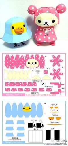 two paper dolls are sitting next to each other on a white surface with pink and blue designs