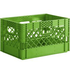 a green plastic crate is shown on a white background