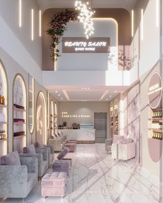 the interior of a beauty salon with marble floors and pink couches, chandeliers and mirrors