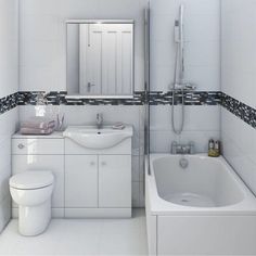 a white bathroom with black and white tile on the floor, sink, toilet and bathtub