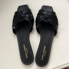 Ysl Sandals Worn Once! Comes With Box And Dust Bags. Originally $625 Ysl Tribute Sandals, Sandals Aesthetic, Ysl Sandals, Yves Saint Laurent Shoes, Ysl Shoes, Leather Sandals Flat, Rich Girl, Dream Shoes, Leather Sandals