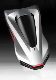 the futuristic looking vehicle is shown in black and white with red accents on its side