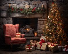 a christmas tree and presents in front of a fireplace with a lit fire place next to it