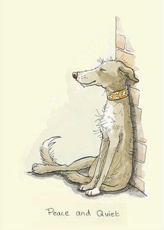 a drawing of a dog sitting next to a brick wall with the words peace and quiet written on it