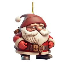 a christmas ornament with a santa clause hanging from it's side on a white background