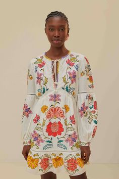 Shop the Off-White Floral Insects Mini Dress at FARM Rio. Get 15% off your 1st purchase and check out new arrivals! Nature, Insect Embroidery, Heel Accessories, Long Balloons, Denim Romper, White Backdrop, Denim Flares, Farm Rio, Balloon Sleeves